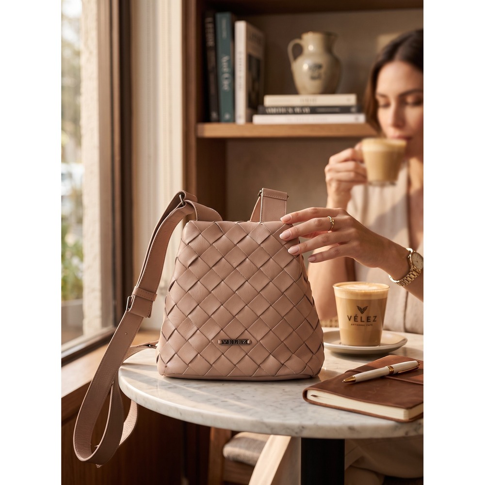 Minimalist Velez Woven Leather Crossbody Bag Tan Blush Made in Colombia Artisan